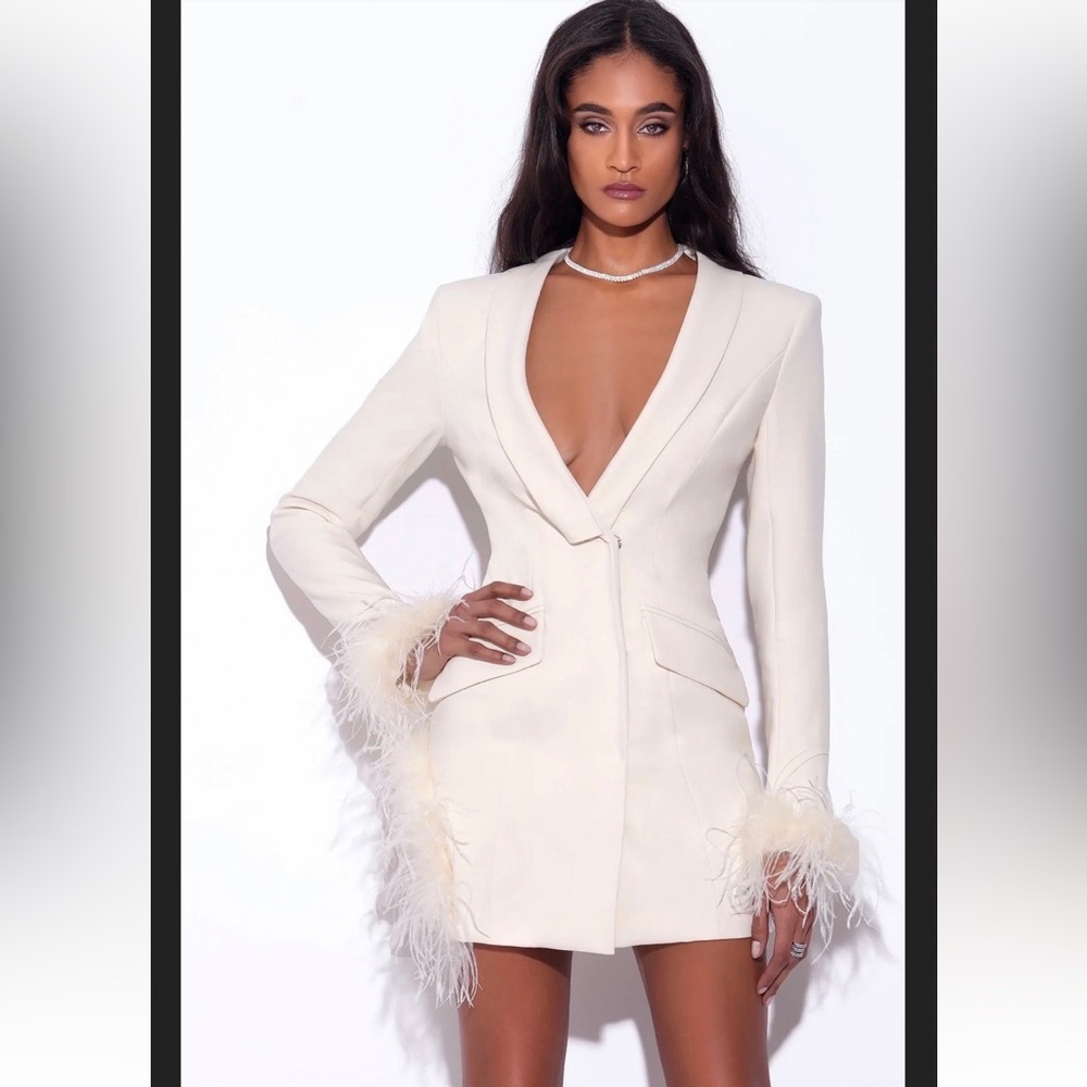 Ivory Blazer Dress with Feather Trim - NWT